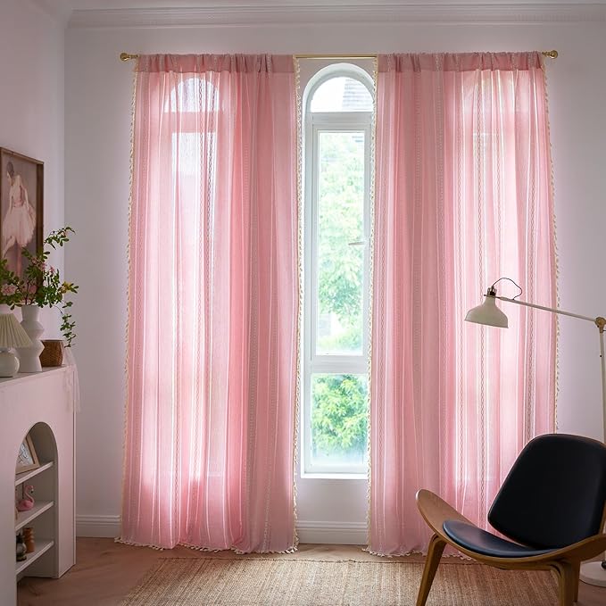 Linen Boho Curtains Cute Embroidered Pink Curtains for Girls Bedroom Nursery Room 84 Inches Long 2 Panels Light filtering Farmhouse Curtains for Living Room Rod Pocket Drapes (52" W x 84" L,Pink)