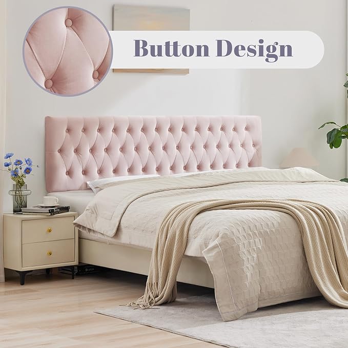Kingfun Tufted Upholstered Full Size Bed Headboard in Modern Button Design, Adjustable Solid Wood Head Board, Premium Velvet Fabric Padded Headboards in Bedroom (Pink)
