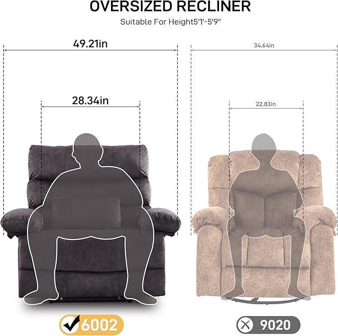 Oversized Recliner Chair Extra Wide Large Recliner for Adults 350lbs with Lumbar Support Pillow Nursery Chair Living Room (Manual, GREY-6002)