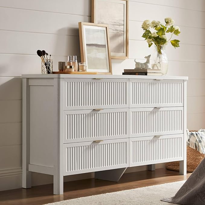 Fluted 6 Drawers Dresser for Bedroom, 55 Inch Wide Modern Wood Chest of Drawers, Mid Century Chests Drawer Clothing Organizer for Hallway (White)