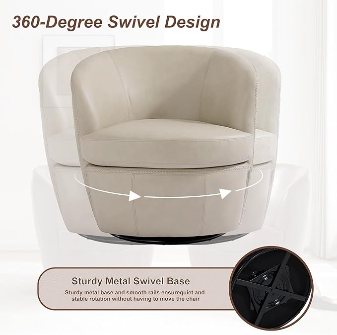 Swivel Barrel Chair, Modern Round PU Leather Accent Armchair for Living Room, Bedroom, Comfy Club Reading Chairs for Adults (Leather Beige, Set of 1)