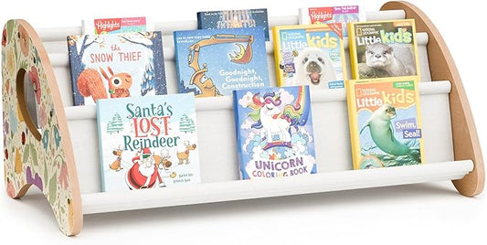 Toddler Bookshelf,4-Tier Book Rack Organizer with Fabric Storage Pockets, Wooden Bookshelves with Open Forward Display, Montessori Book Shelf for Nursery/Playroom, Natural Flower Design/White