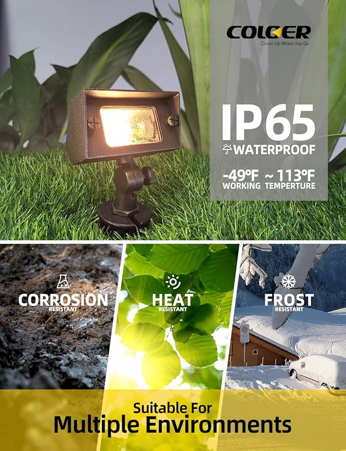 COLOER Brass Small Rectangular Flood Lights Outdoor 10 Pack with 2W 2700K Warm White LED G4 Bulb, 12V Low Voltage Landscape Outside Lights for House Illuminating Signs, Walls and Tree