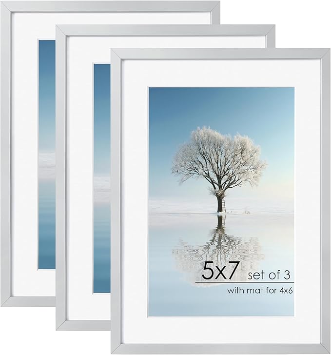 5x7 Picture Frame - Metal Frame With Mat For 4x6 | 5 x 7 Aluminum Photo Frame | Plexiglass And Hanging Hardware Included | 5x7 Silver Picture Frame | 3Pcs, Silver