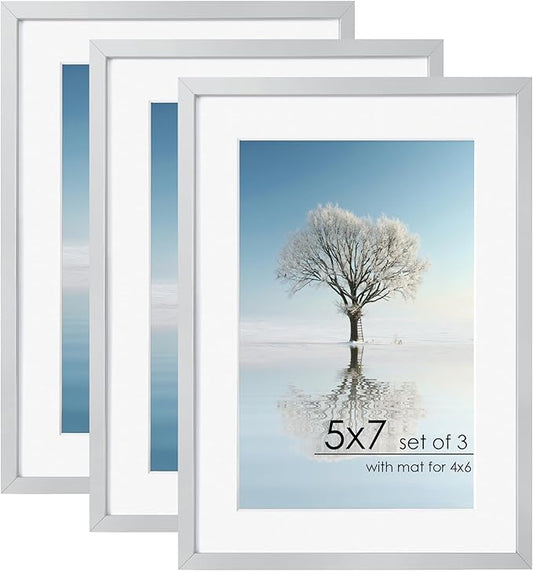 5x7 Picture Frame - Metal Frame With Mat For 4x6 | 5 x 7 Aluminum Photo Frame | Plexiglass And Hanging Hardware Included | 5x7 Silver Picture Frame | 3Pcs, Silver