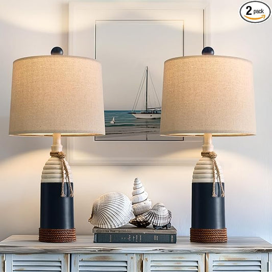 OYEARS 23.75" Table Lamps Set of 2, Bedside Lamps for Nightstands, Nautical Table Lamps for Living Room, Coastal Ocean Beach Style, Resin, Navy Blue