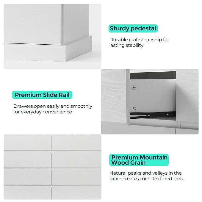 LINSY HOME 8 Drawer Dresser for Bedroom, 53" Wide Chest of Deep Drawers, Modern Farmhouse TV Stand Dressers with Storage, Large Drawer Organizer for Bedroom, Living Room, Handless Design, White