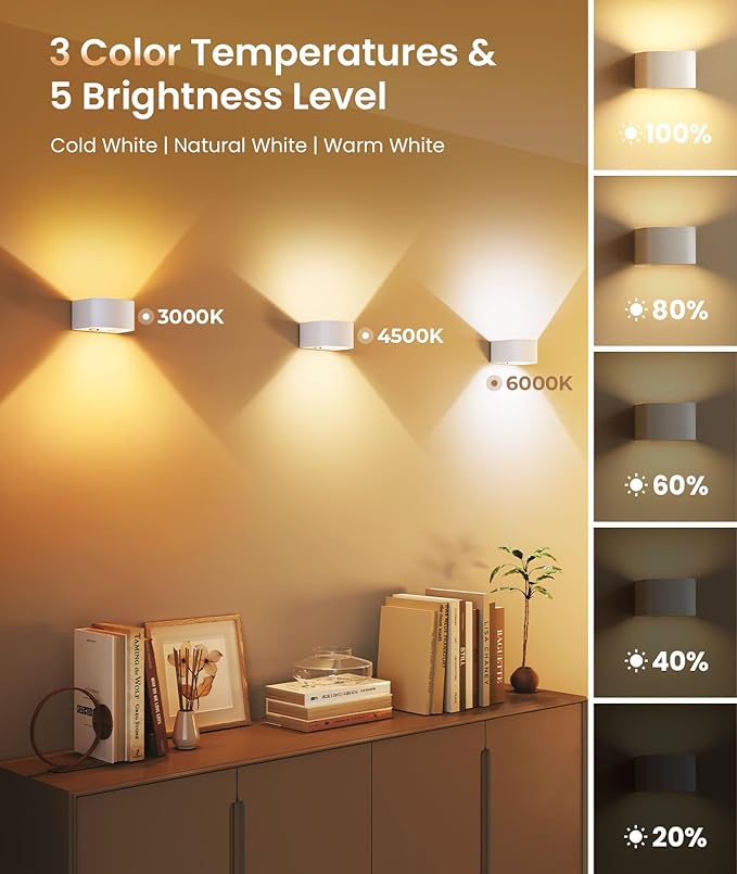 FULEN Motion Sensor Wall Light with Remote Control 3 Colors Wireless Wall Sconces LED Indoor Up and Down Wall Lamp 5000mAh Rechargeable Battery Powered Wall Lamps Brightness Adjustable, White 2 Pack