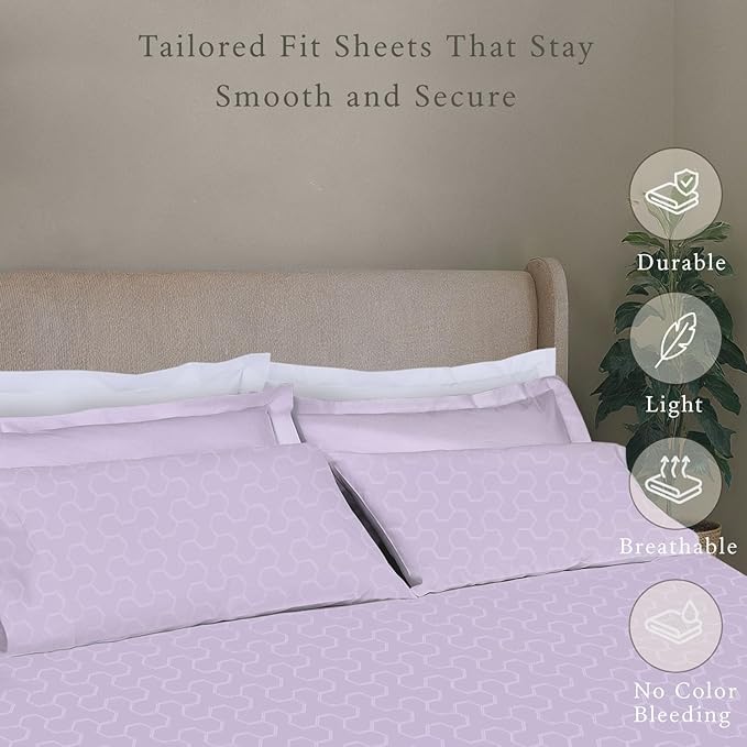 Threadmill 100% Cotton Sheets for King Size Bed | Damask Sateen All-Season 500Thread Count 4 Pc King Bed Sheets Set | Soft, Breathable Hotel Quality | Snug Fit Elastic Deep Pocket King Sheets | Lilac