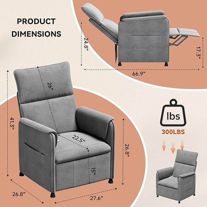 Recliner Chair，Electric Adjustable Flannelette Recliner with Remote Control and Padded Backrest,Home Theater Recliner Single Sofa Seat with Thick Seat Cushion for Living Room Bedroom (Grey)