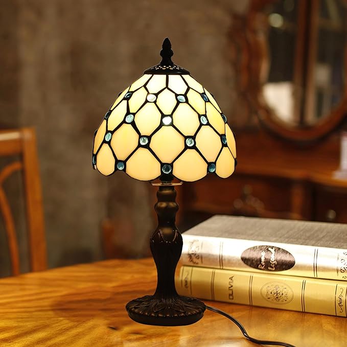 Tiffany Small Table Lamp for Living Room Blue Beads Stained Glass Bedside Nightstand Table Lamps for Bedroom Set of 2,3-Color Temperatures 8X8X15 Inch Hotel Home Office Desk Lamps