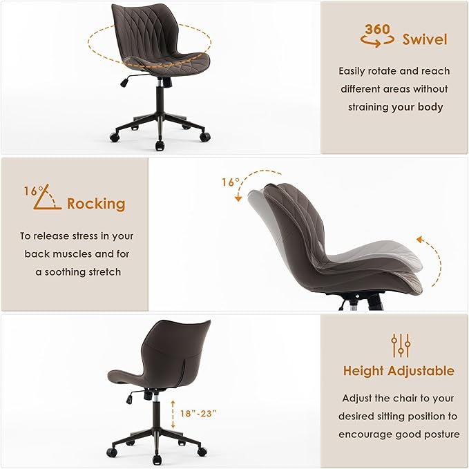 YOUNUOKE Armless Desk Chair Comfy Office Chair with Wheels Home Ergonomic Task Chair Adjustable Computer Chairs Modern Faux Leather Swivel Chair Upholstered Makeup Vanity Chair with Back(Brown)