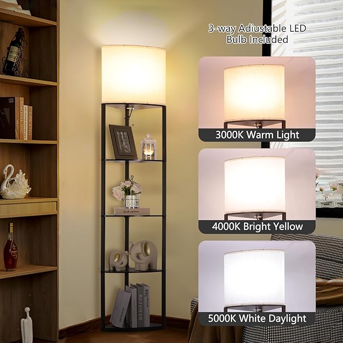 Floor Lamp with Shelves, Sector Corner Shelf Lamp with 3 Color Temperature Bulb, with Linen Lampshade Bookshelf Corner Display Lamp for Living Room, Bedroom and Office(Black)