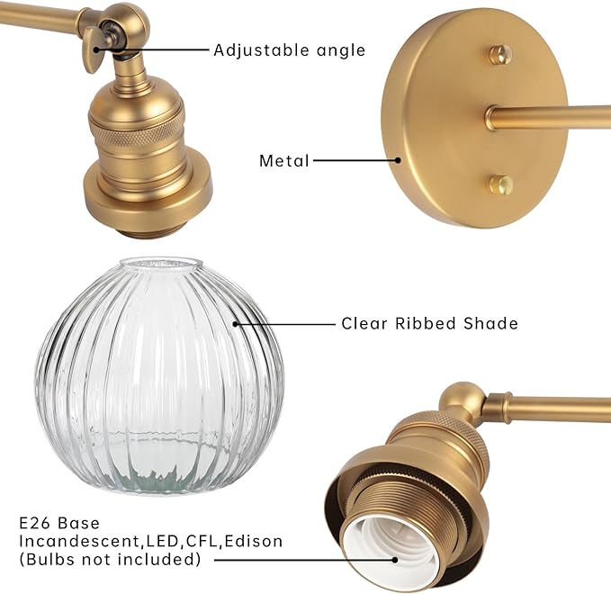 Vintage Wall Sconce 1-Light with Clear Striped Glass Globe Shade, Hardwired Modern Indoor Wall Vanity Light Fixture for Farmhouse Living Room Bedroom Bathroom