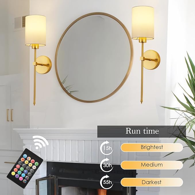 Battery Operated Wall Sconce Set of Two,Wireless Rechargeable Wall Light With Remote Control, Dimmable, 1800K/3000K/4000K/6000K/RGB, Timer, for Living Room, Bedroom, Fireplace, TV, 26.8 Inch, Gold