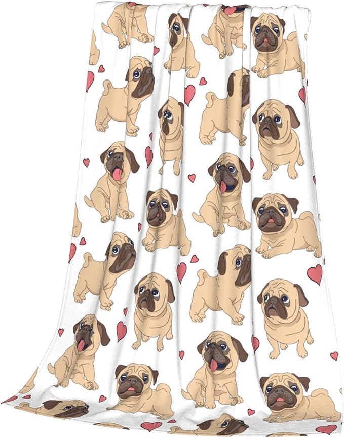 Flannel Fleece Throw Blanket, Fun Cartoon Pug Lightweight Throw Blanket, Travel Blanket Cozy Plush Warm Blankets for Bedroom Living Rooms Sofa Beds Office 50x40 Inch