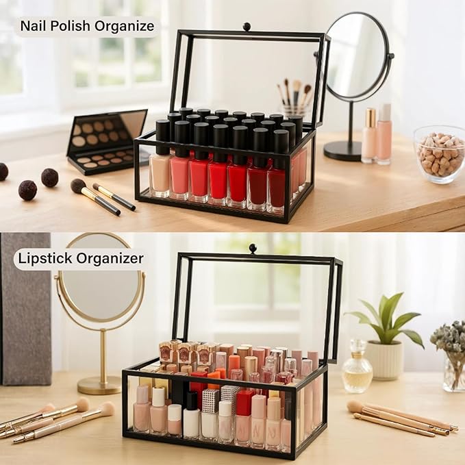 40 Lipsticks Organizer with Lid, Glass Display Box Fits Large Perfume & Skincare, Easy-Access Organiser for Vanity Countertop, Multifunctional Display Box in Any Rooms
