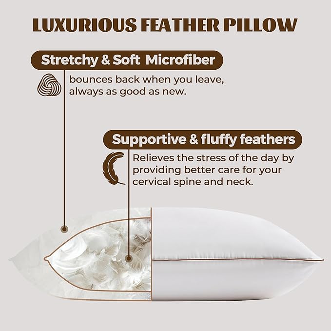 Bafode Goose Feather Pillows, Bed Pillows, Queen Size Set of 2, Hotel Pillows for Sleeping, White Pillows Soft Down Alternative Pillows 20x30
