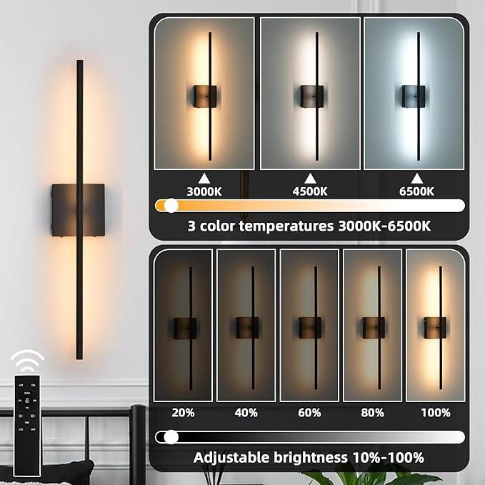 Battery Operated Wall Sconces set of 2, 16000mAh Black Rechargeable Wall Sconce with Remote Control, 3000K-6000K Dimmable LED Wireless Wall Light for Living Room, Hallway, Bedroom, Stairs, 29 Inchs