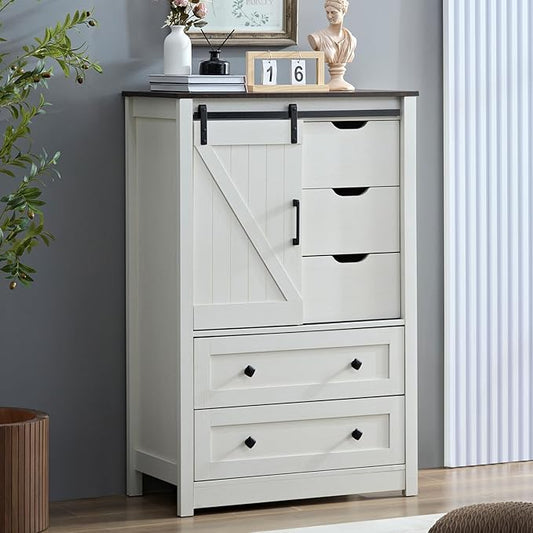 White Dresser for Bedroom with 5 Drawers, 48" Tall w/Sliding Barn Door, Farmhouse 5 Chest of Drawers for Bedroom, Hallway, Living Room, Dining Room, Antique White
