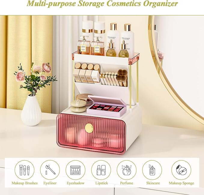 FOLLOWIN Bathroom Organizers and Storage with Drawer,Vanity Storage Organizer with Makeup Brushes Holder, Perfume Lotion Cosmetic Organizer,Blush Pink