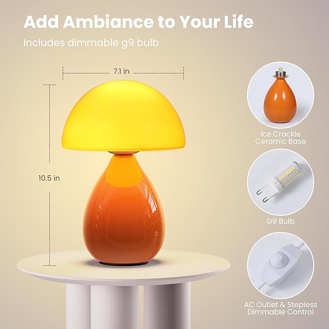 Mushroom Lamp Table Lamp, Mini Modern Lamp Bedside Nightstand Light Desk Cute Small Light Dimmable for Bedroom, Living Room, Ceramic Base Glass Led Home Decor for Woman Children Gifts