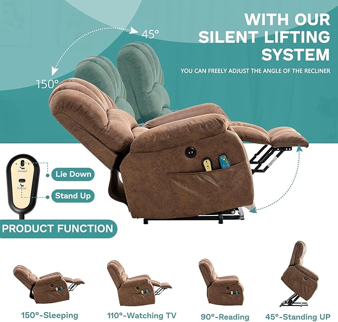 MEETWARM Tall Man Large Power Lift Electric Recliner Chair with Extended Footrest for Elderly, Overstuffed Wide Recliner with Heat & Massage, 2 Remote Controls, Side Pockets, USB Ports(Brown)