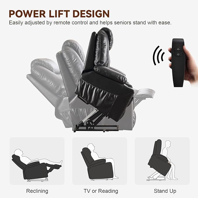 SALOHZA Power Lift Recliner Chair for Elderly with Massage and Heat for Living Room, Electric Recliner Chair for Adults with USB/Type C Port/Cup Holders, PU Faux Leather, Black