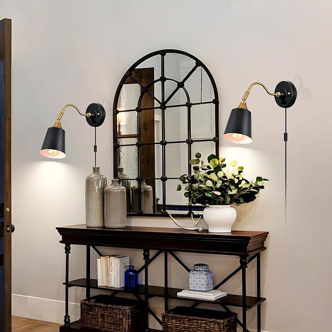 Plug in Wall Sconces, Black Wall Sconce Lighting, Swing Arm Wall Lamp,E26 Base Industrial Wall Light Fixtures with Plug in Cord