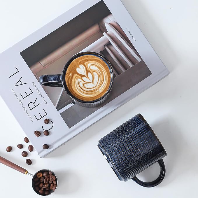 Coffee Mugs Set of 4, 12 OZ Ceramic Coffee Mugs with Handle, Vertical Stripes Coffee Cups Set for Latte/Tea/Cocoa/Milk, Microwave and Diahwasher Safe (Star Blue)