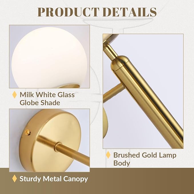 KCO Lighting Brass Wall Sconces Set of Two Milk Glass Globe Wall Light Brushed Gold Wall Sconce Modern Bathroom Wall Light Fixtures Mid Century Bedside Sconces Set of 2