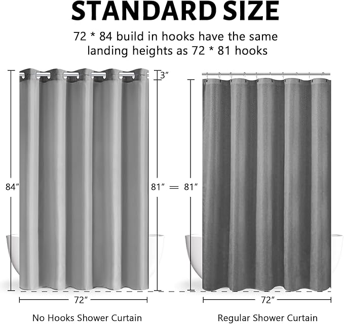 Furlinic No Hook Extra Long Shower Curtain 84 Length,Polyester Fabric Bathroom Curtains with 10 Plastic Split Grommets,Modern Hotel Style Waterproof Dark Grey Shower Curtains,Washable 72x84 Inch