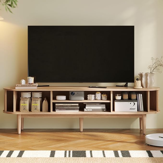 LINSY 70" Fluted TV Stand, Modern Entertainment Center for TVs Up to 80 inches, TV Console with Sliding Doors, Curved Profile Design, Media Console for Living Room, Light Wood