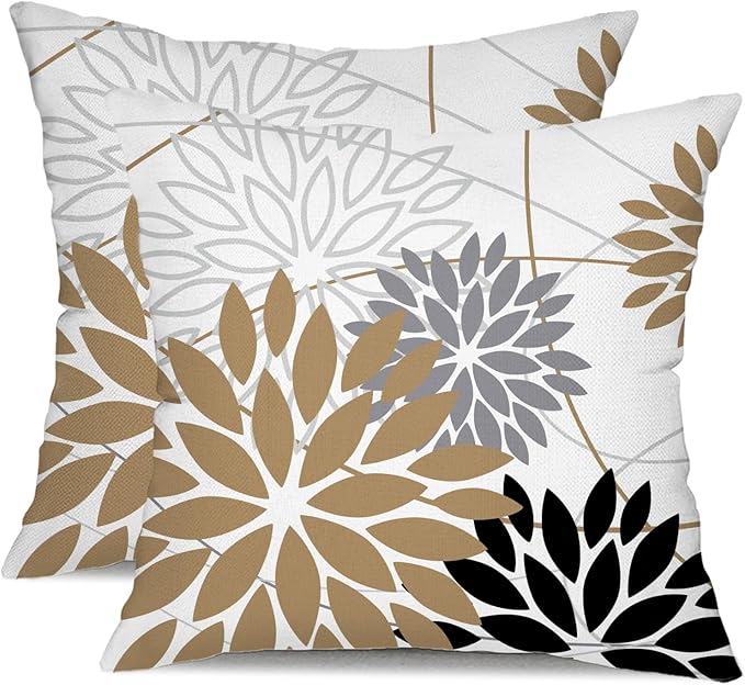 Brown and Black Floral Pillow Covers 18x18 Set of 2 Outdoor Waterproof Decorative Throw Pillows Summer Pillow Covers Polyester Cushion Case Decor for Couch Patio Funiture Garden Porch 01Y18
