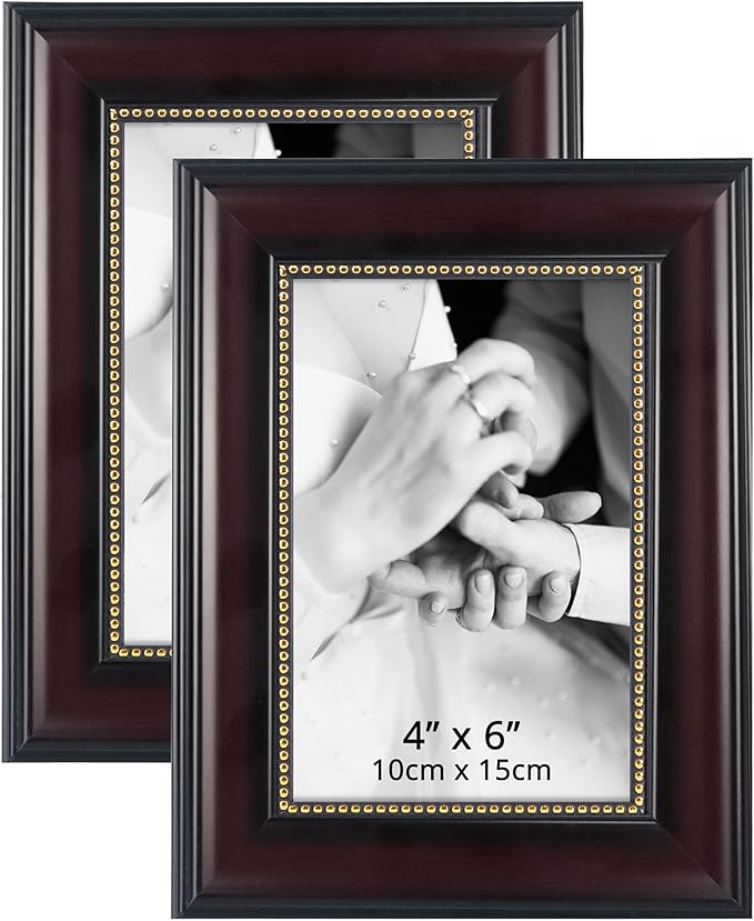GraduationMall 4x6 Picture Frames, Real Glass, Display Photos for Wall or Tabletop, Mahogany with Gold Beads, 2-Pack