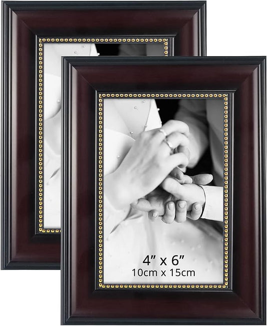GraduationMall 4x6 Picture Frames, Real Glass, Display Photos for Wall or Tabletop, Mahogany with Gold Beads, 2-Pack