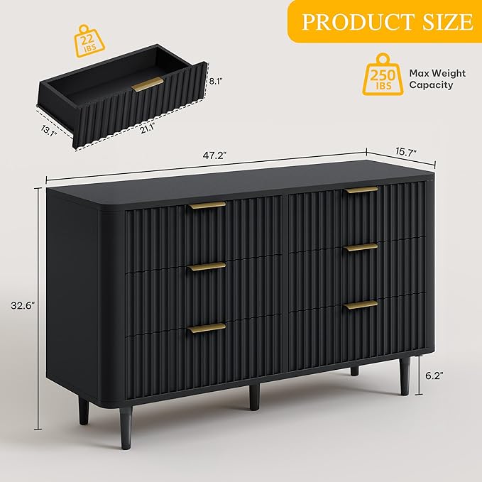 DWVO 6 Drawer Dresser with Waveform Fluted Panel, Wider Modern Closet Dressers Chest of Drawers, Wood Storage Dresser Organizer for Dorms, Flats, Living Rooms, Hallways, Black