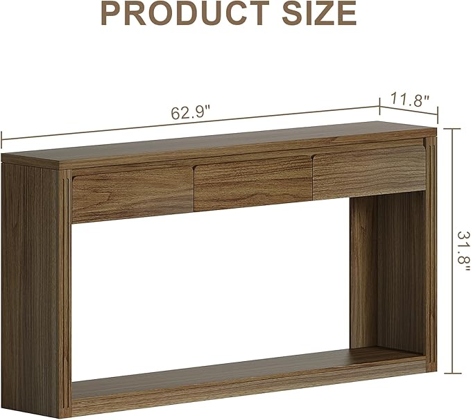 Treocho 63.9" Long Console Tables for Entryway, Farmhouse Entryway Table with Drawers, Narrow Sofa Table Behind Couch Table for Living Room, Entrance, Hallway, Walnut