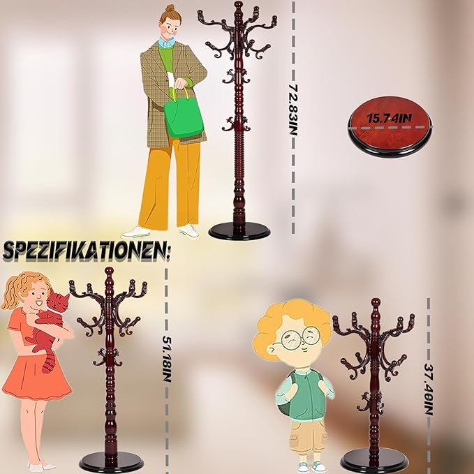 73 in Wood Coat Rack, Coat Rack Freestanding with Stable Round Base, Adjustable Height Tree Coat Racks Stand for Home Bedroom Office Hallway Entryway (Redwood)