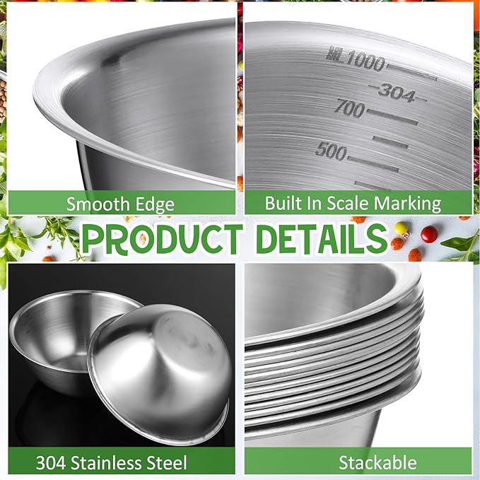 Honeydak 12 Pcs 304 Stainless Steel Mixing Bowls with Graduations, 31 oz Salad Bowls Metal Serving Reusable Baking Food Storage Containers for Baking, Cooking, Making Salads, Soups, Ice Cream, Noodles