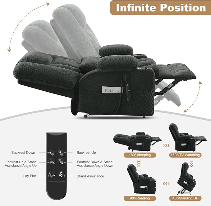 Infinite Position Power Lift Chair, Dual Motor Power Lift Recliner Chair with Massage and Heat Function for Elderly People, USB Ports, Premium Grey