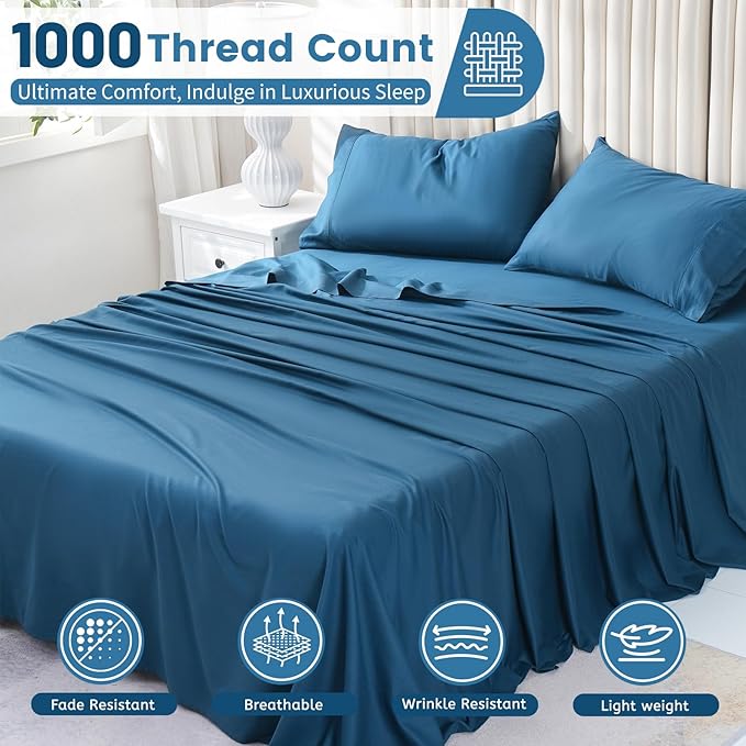 Bedlifes 1000 Thread Count 100% Egyptian Cotton King Size Sheets Set - Sateen Soft Silky Breathable Luxury Cooling 4 Pieces (Navy Blue)