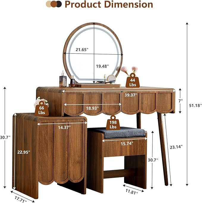 ORRD Vanity Desk with Mirror and Lights, Modern Wood Wave Panel Vanity Desk Set Makeup Table with Drawers and Cabinet, Dressing Table with Storage for Bedroom, Walnut