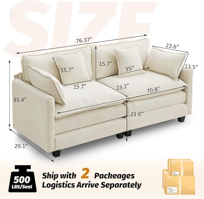 76'' Cloud Deep Seat Loveseat, Upholstered Chenille Modular 2-Seats Sectional Sofa Couch, Modern Comfy Settee Loveseat for Living Room Set, Small Apartment, Beige