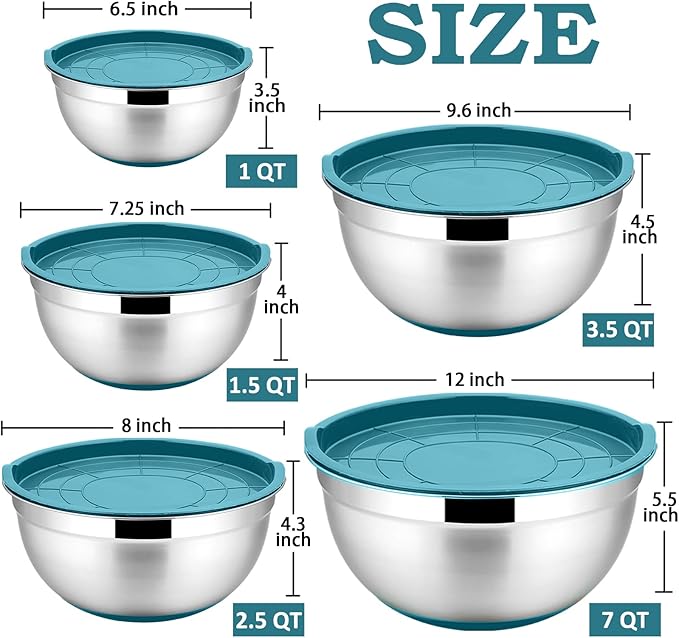P&P CHEF Mixing Bowls with Lids Set of 5, Stainless Steel Nesting Salad Bowl with Lid & Base for Non-slip Mixing Prepping Storing Serving, 5 Sizes-7/3.5/2.5/1.5/1 QT, Blue