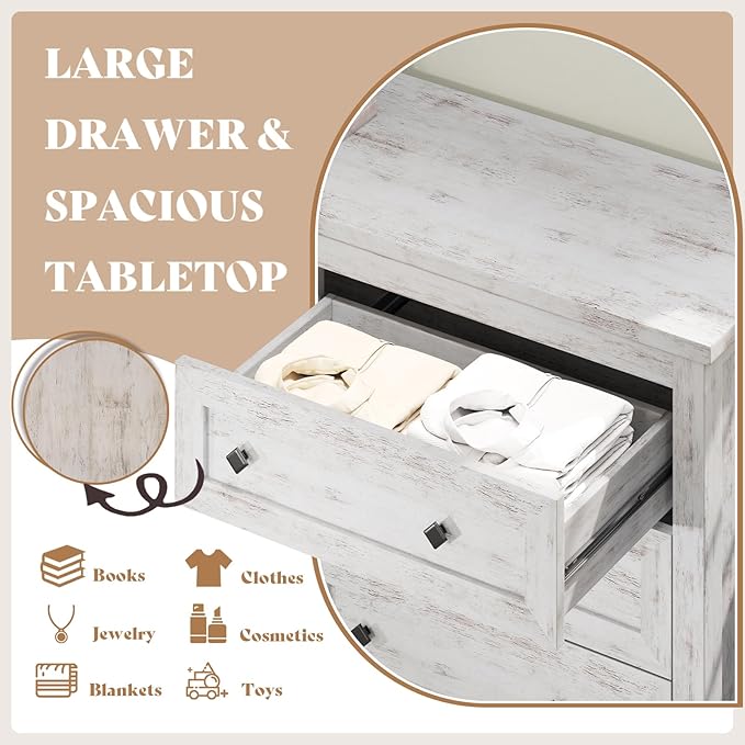 AMERLIFE 6 Drawer Dresser for Bedroom, 54" Wide Dresser TV Stand with Large Drawers, Farmhouse Wood Chest of Drawers with Vintage Grain Texture, Distressed White