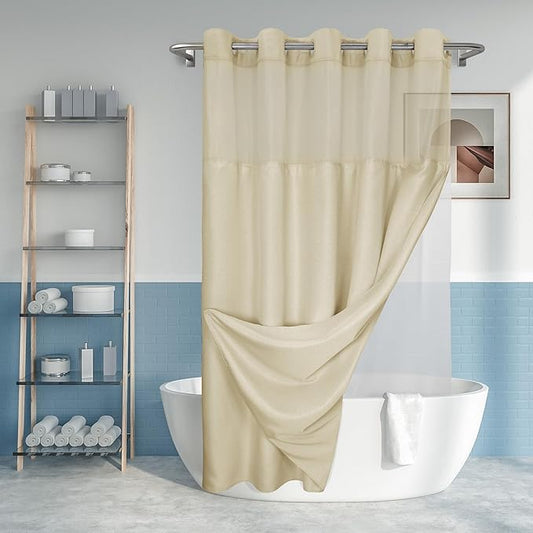 No Hook Slub Textured Shower Curtain with Snap-in PEVA Liner Set - 71" x 74"(72"), Hotel Style Beige Shower Curtain with See Through Top Window, Machine Washable & Water Repellent, Linen, 71x74