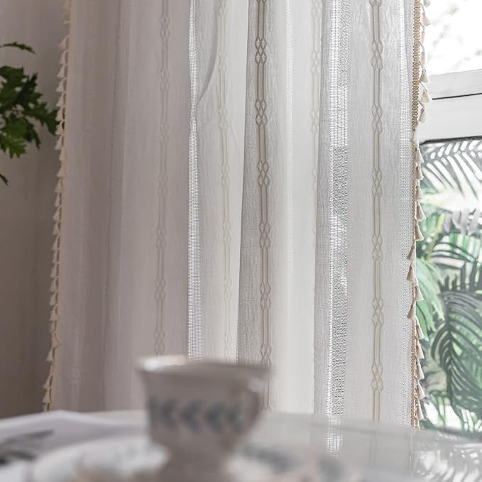 Boho Curtains Embroidery Linen Curtains 108 Inches Long 2 Pannels for Bedroom Off White Country Farmhouse Curtains Light Filtering Curtains for Living Room Rod Pocket Drapes(52" W x 108" L,White)