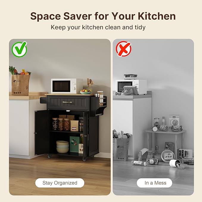 Gizoon Kitchen Island Cart with Rubberwood Top, 33" W Rolling Kitchen Island on Wheels with Adjustable Shelf, Drawer, Spice Rack, Towel Bar, Mobile Storage Cabinet for Dining Room, Home Bar, Black