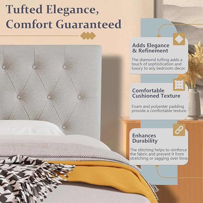 Rosevera Givanna Adjustable Height Headboard with Linen Upholstery and Button Tufting for Bedroom, King, Natural Linen